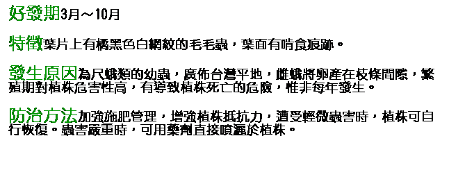 文字方塊: 好發期3月～10月 特徵葉片上有橘黑色白網紋的毛毛蟲，葉面有啃食痕跡。 發生原因為尺蛾類的幼蟲，廣佈台灣平地，雌蛾將卵產在枝條間隙，繁殖期對植株危害性高，有導致植株死亡的危險，惟非每年發生。 防治方法加強施肥管理，增強植株抵抗力，遭受輕微蟲害時，植株可自行恢復。蟲害嚴重時，可用藥劑直接噴灑於植株。 