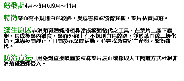 文字方塊: 好發期4月～6月與9月～11月 特徵葉面有不規則白色紋路，受危害植株發育遲緩，葉片枯黃掉落。 發生原因非洲菊斑潛蠅將植株當成繁殖後代之工具，在葉片上產下蟲卵，長成後葉內鑽食，葉面外觀上有不規則白色紋路，並於葉面或土壤化蛹。成蟲夜間靜止，日間於花葉間活動，並尋找適當宿主產卵，繁衍後代。 防治方法可用藥劑直接噴灑於植株葉片表面或採取人工隔離方式杜絕非洲菊斑潛蠅侵入。 