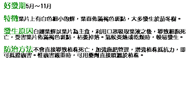 文字方塊: 好發期5月～11月 特徵葉片上有白色細小的蟬，葉面佈滿褐色斑點，大多發生於茄冬樹。 發生原因白翅葉蟬以葉片為主食，利用口器吸取葉液之後，導致細胞死亡，受害葉片佈滿褐色斑點，枯萎掉落。氣候炎熱或乾燥時，較易發生。 防治方法不會直接導致植株死亡，加強施肥管理，增強植株抵抗力，即可抵擋蟲害。惟蟲害嚴重時，可用藥劑直接噴灑於植株。 